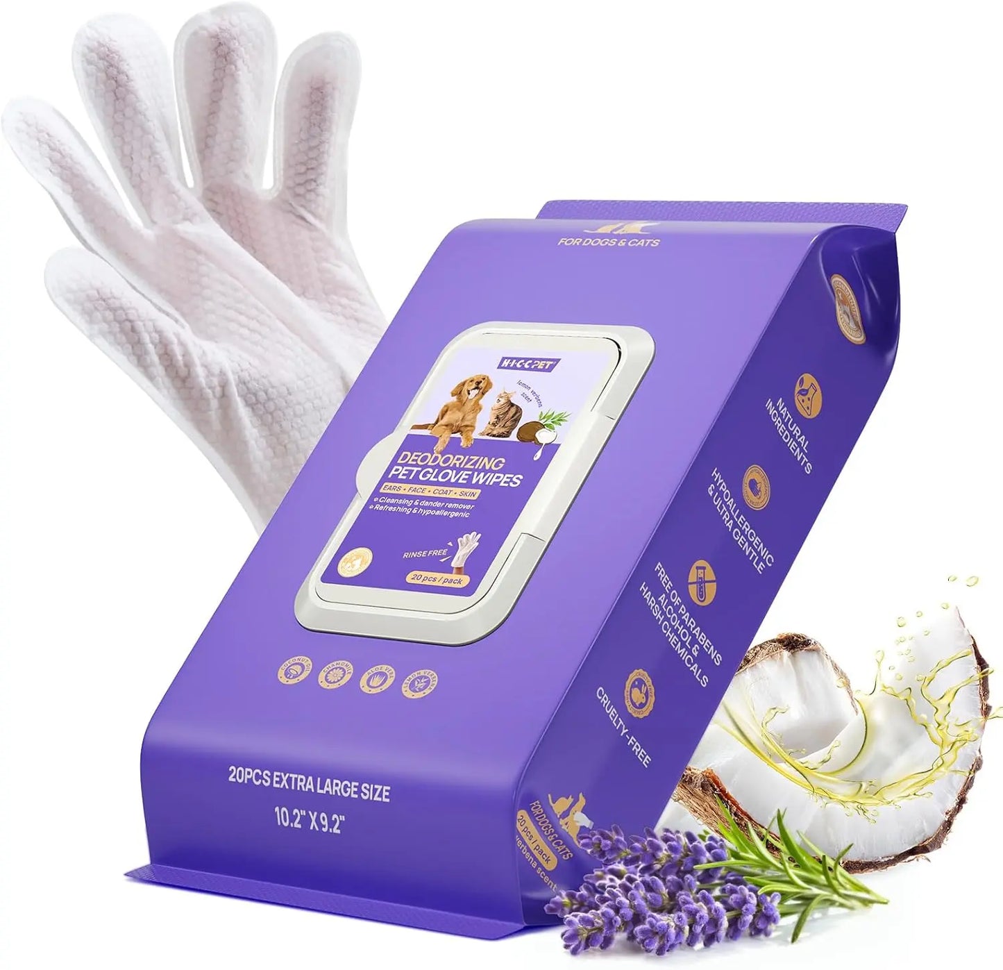 Pet Cleaning & Deodorizing Glove Wipes for Dogs & Cats Verbena Scent 20 Pcs