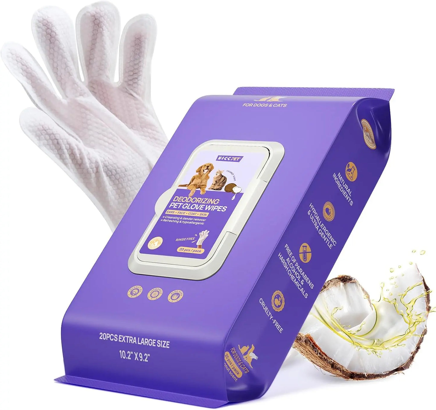Pet Cleaning & Deodorizing Glove Wipes for Dogs & Cats Coconut Scent 20 Pcs