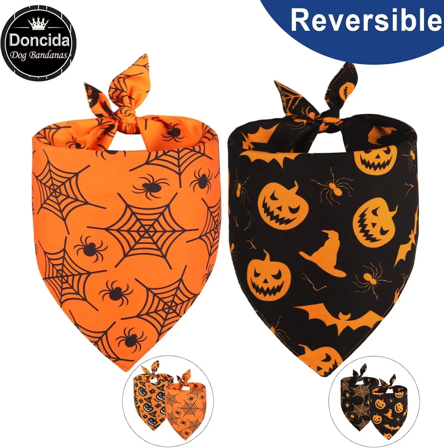 Halloween & Christmas Dog Bandanas 2-Pack – Reversible Holiday Themed Scarf XL