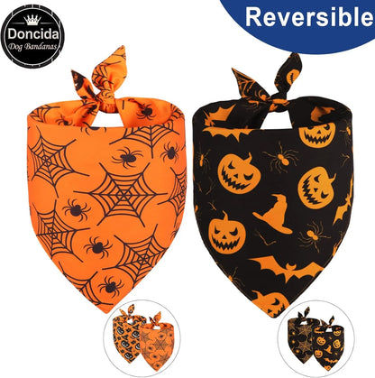 Halloween & Christmas Dog Bandanas 2-Pack – Reversible Holiday Themed Scarf XL