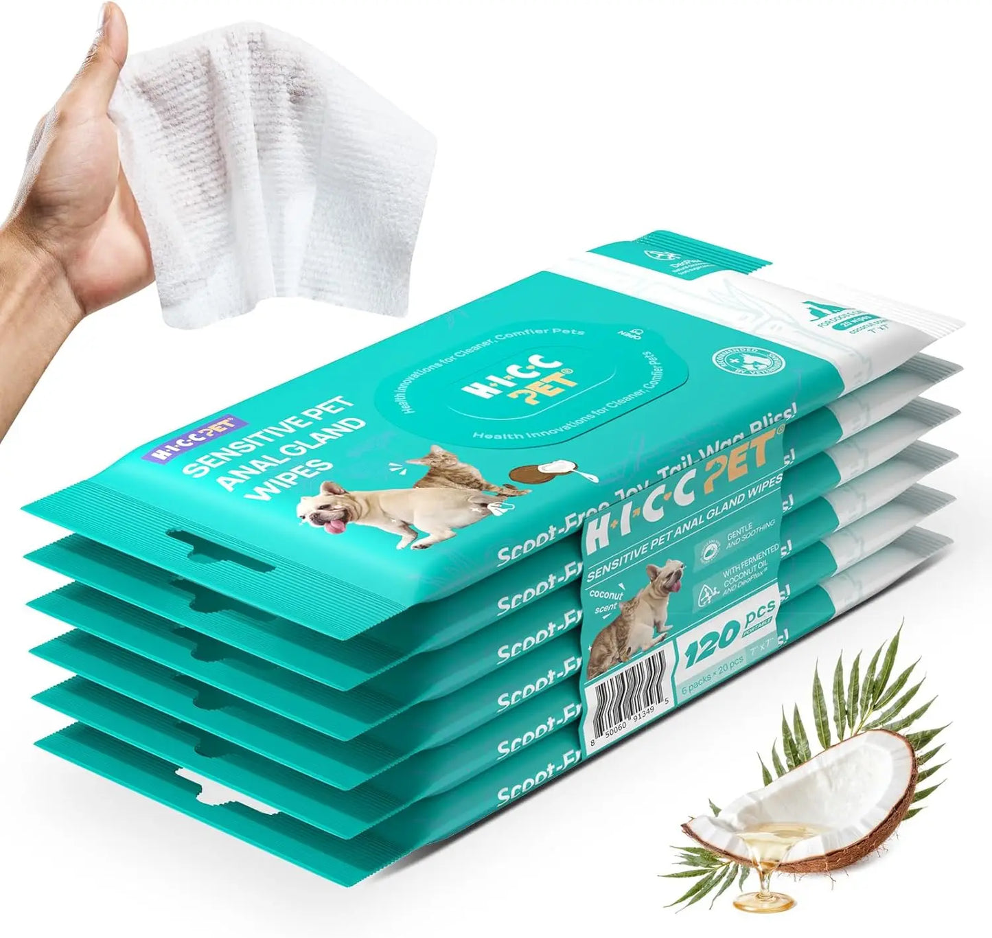 Dog & Cat Wipes – Cleansing & Deodorizing with Coconut Oil Light Coconut 120 Counts (Portable)