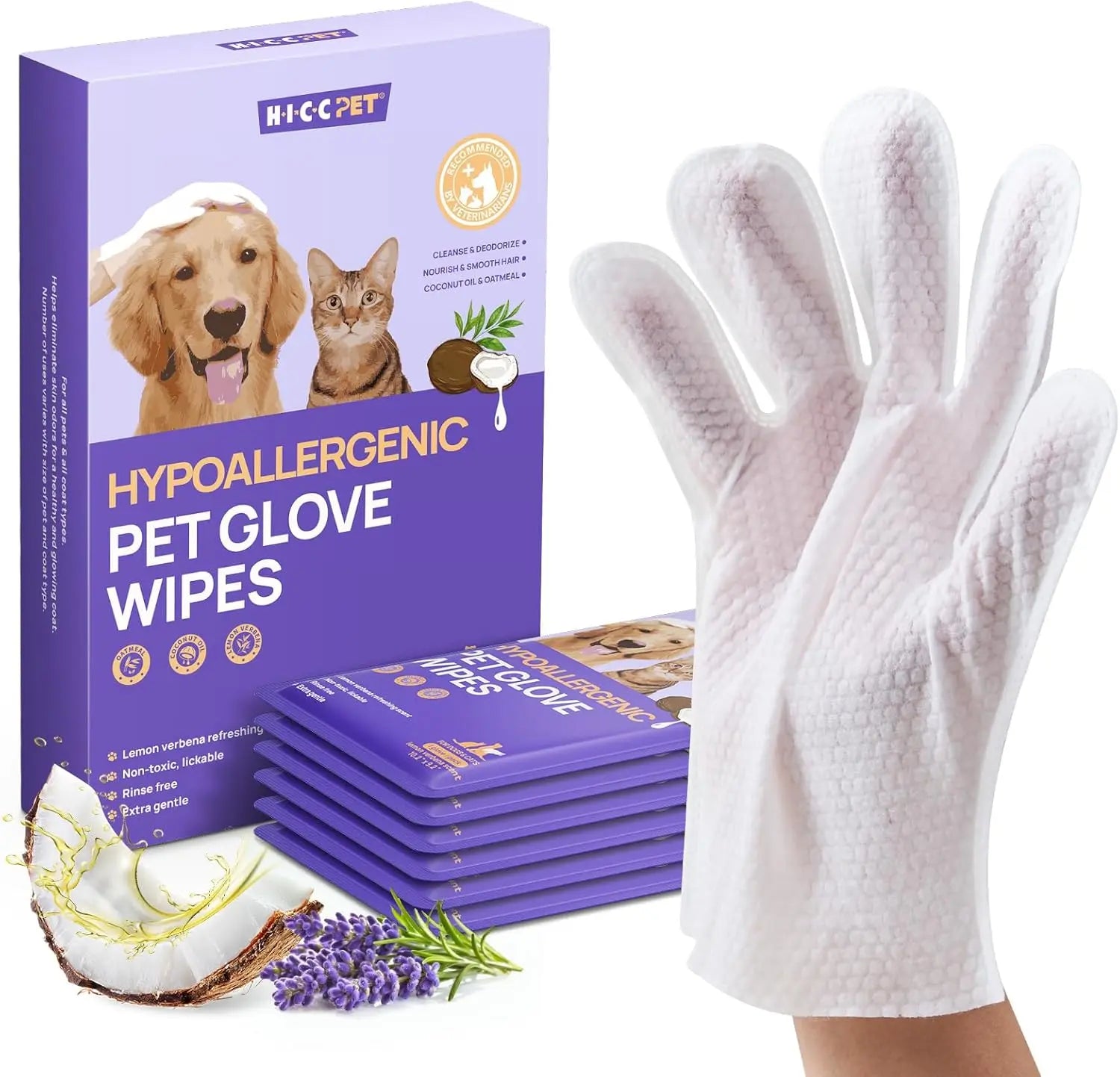 Pet Cleaning & Deodorizing Glove Wipes for Dogs & Cats Verbena Scent 6 Pcs
