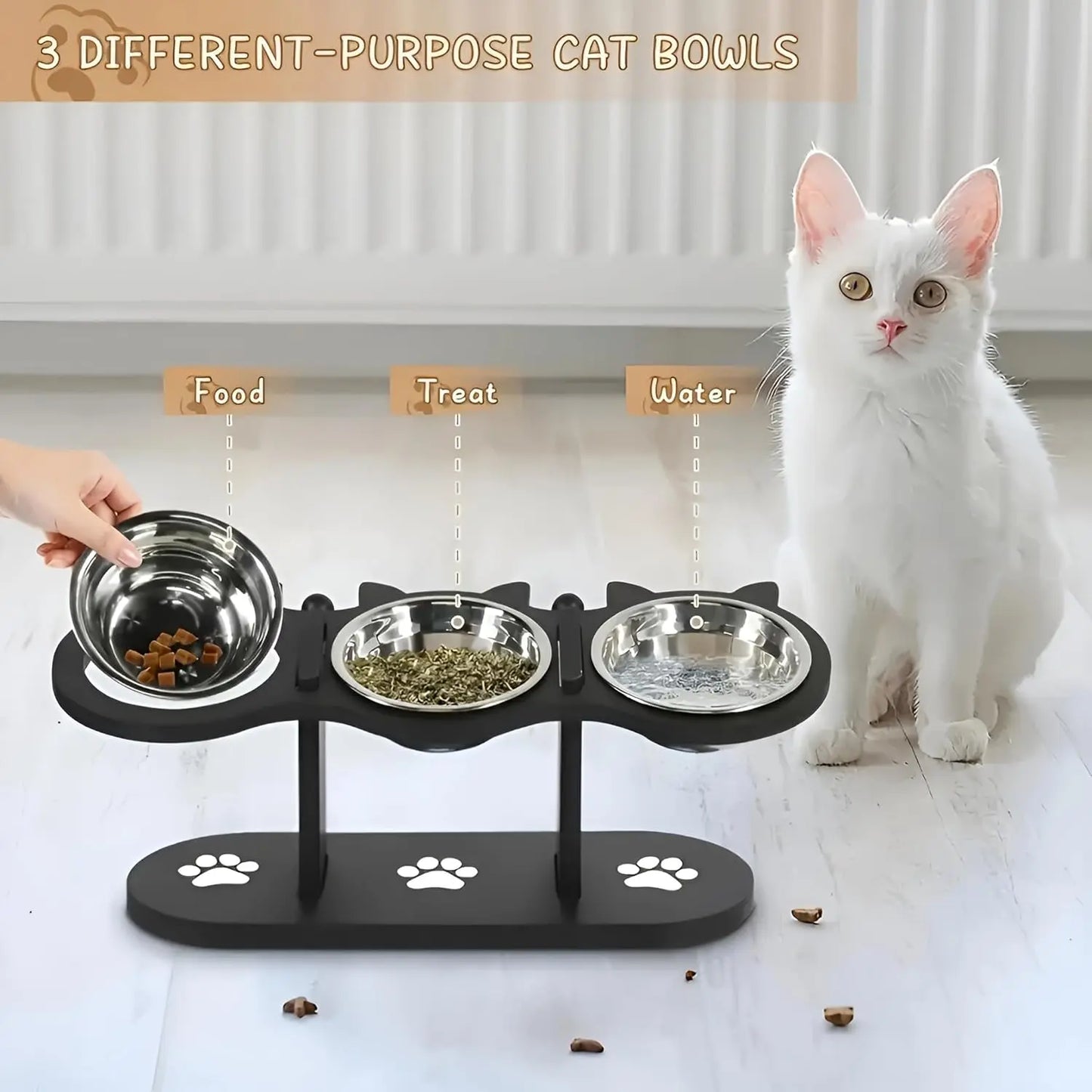 Raised Pet Bowls with Stand – Adjustable 15° Tilt Elevated Feeder, 3 Stainless Steel Bowls