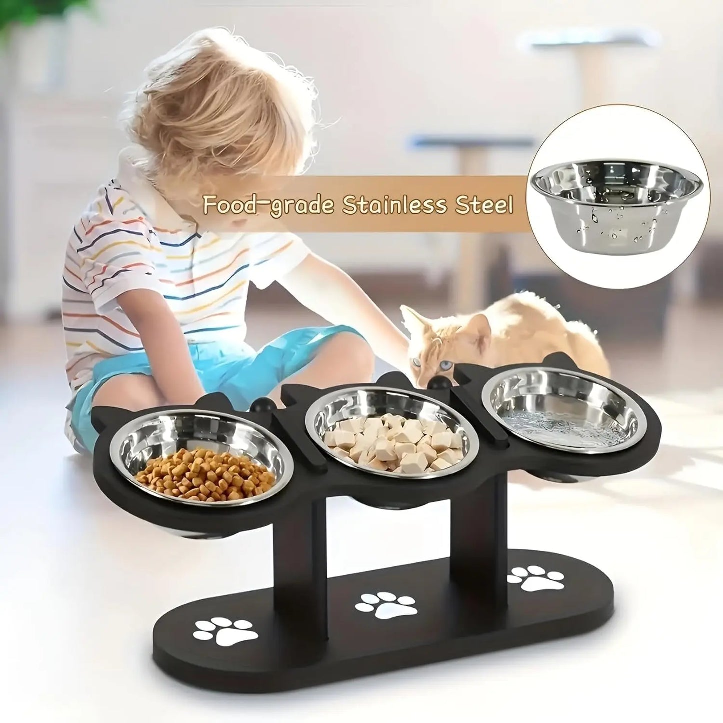 Raised Pet Bowls with Stand – Adjustable 15° Tilt Elevated Feeder, 3 Stainless Steel Bowls