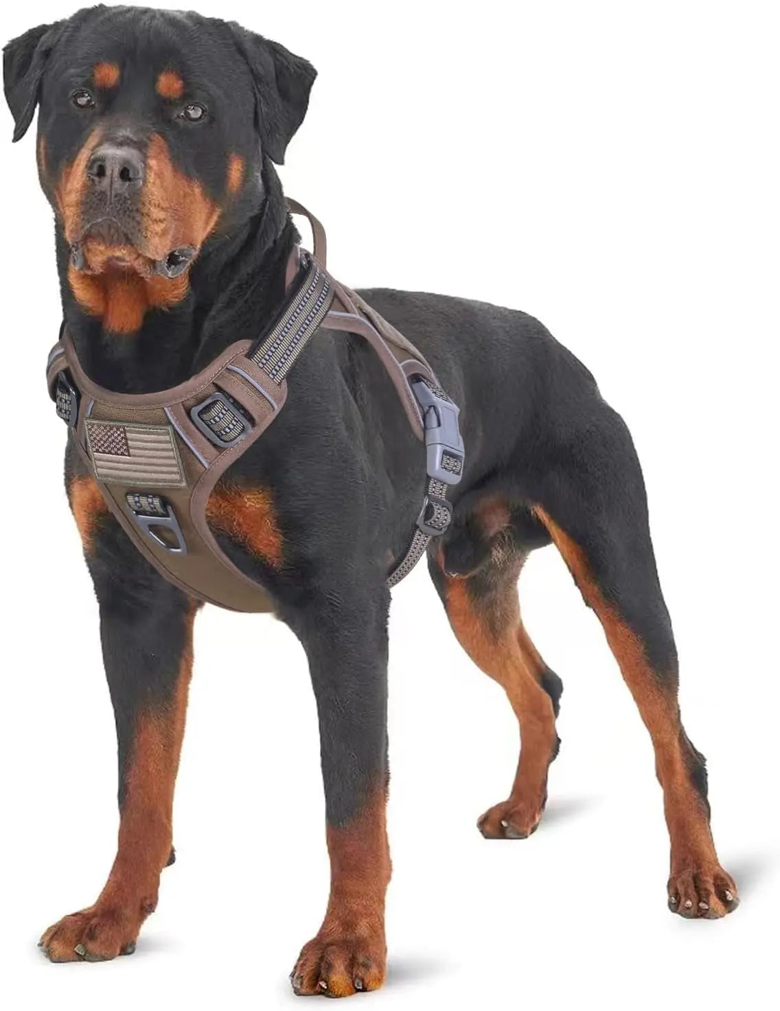 Tactical No Pull Dog Harness Large Dogs Adjustable Reflective Training Vest w/ Handle Brown M(Neck:16-20", Chest:17-27")