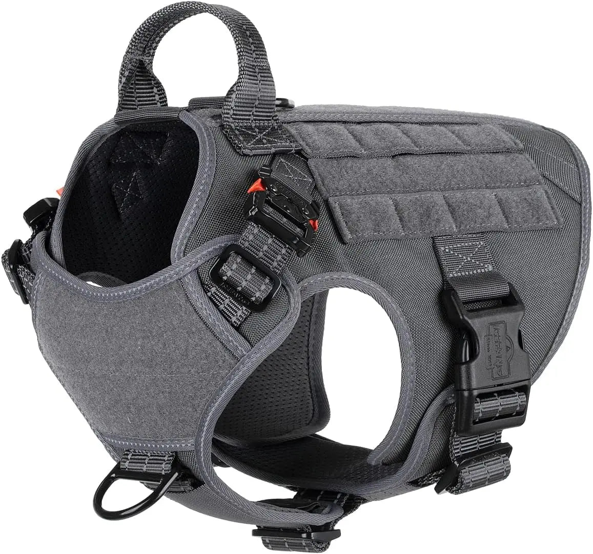 No-Pull Tactical Dog Harness with Handle – 2X Metal Buckles, Adjustable Vest with Hook & Loop Panels (All Sizes) Grey Medium (Pack Of 1)