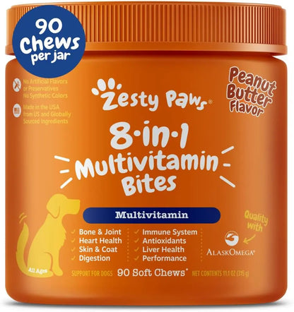 8-in-1 Multifunctional Bites for Dogs – Hip & Joint, Skin, Gut, Heart & Immune Support Peanut Butter 90 Count (Pack Of 1)
