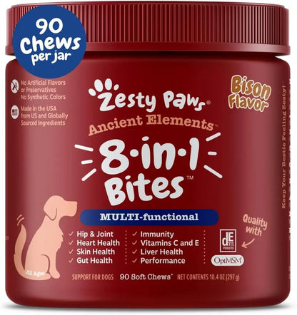 8-in-1 Multifunctional Bites for Dogs – Hip & Joint, Skin, Gut, Heart & Immune Support Bison 90 Count (Pack Of 1)