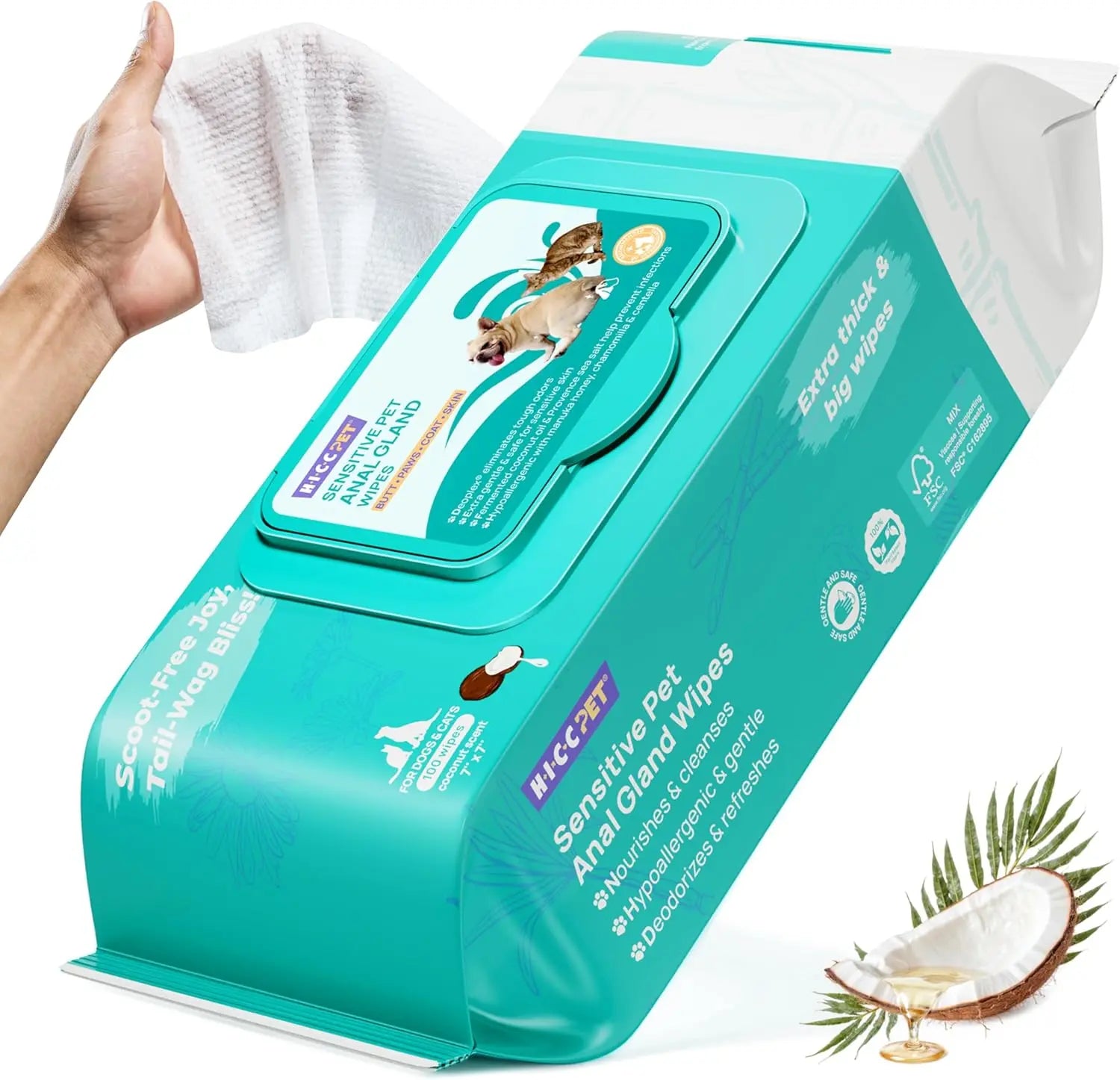 Dog & Cat Wipes – Cleansing & Deodorizing with Coconut Oil Light Coconut 100 Counts (Thicken)