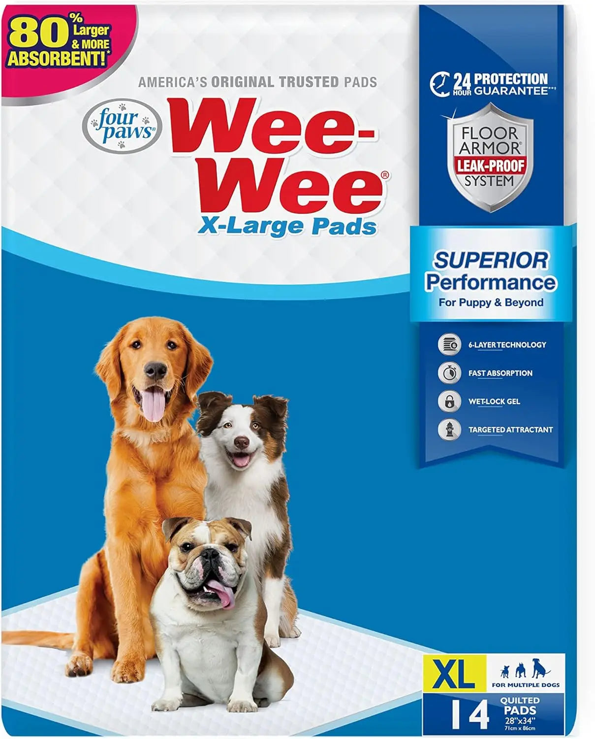Wee-Wee Extra Large Dog Pee Pads Unscented Leak-Proof Quilted Training Pads 21 28" X 34"