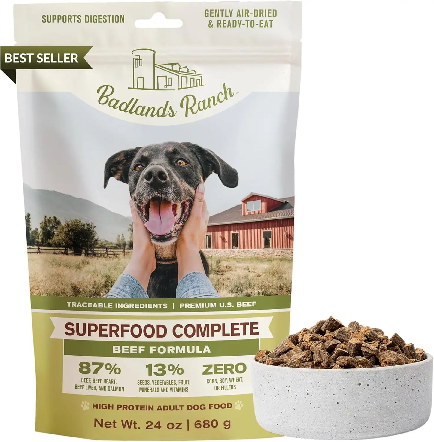 Superfood Complete Adult Dog Food 24oz Beef or Fish | Air-Dried High Protein, No Fillers Beef 24 Ounce (Pack Of 1)
