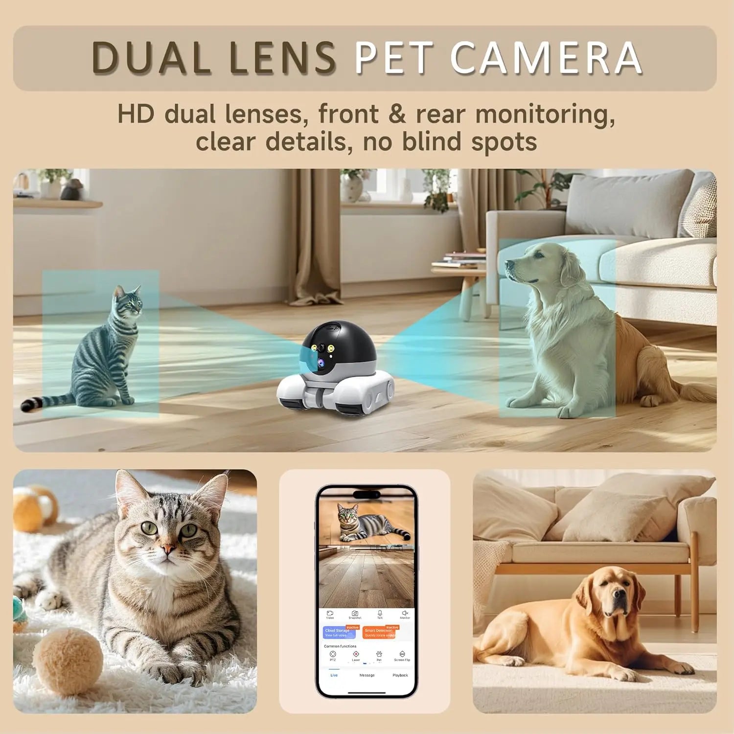 WiFi Robot 1080P Pet Camera with App for Dogs & Cats. 2-Way Talk, Night Vision & Motion Detection