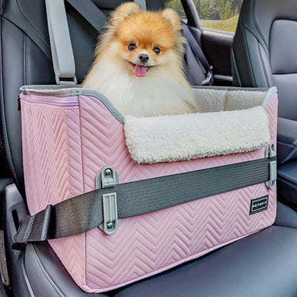PETSFIT Small Dog Booster Car Seat with Safety Buckles & Tether, Foldable Light Pink Faux Leather