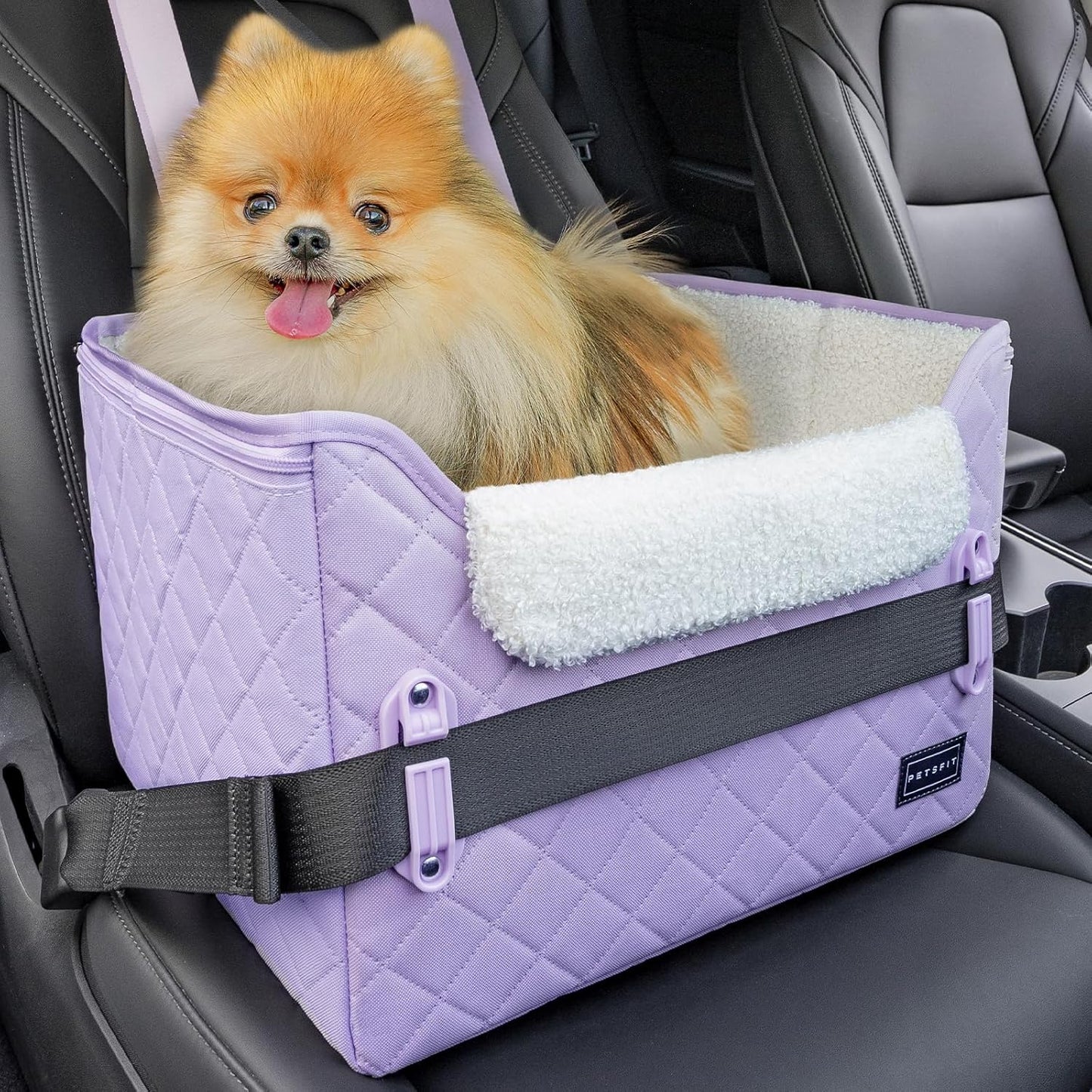 PETSFIT Small Dog Booster Car Seat with Safety Buckles & Tether, Foldable Lavender Purple Oxford Cloth