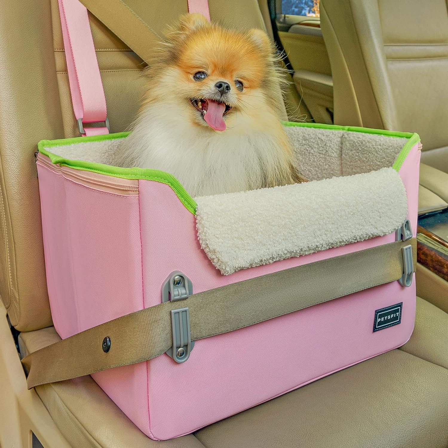 PETSFIT Small Dog Booster Car Seat with Safety Buckles & Tether, Foldable Pink Oxford Cloth