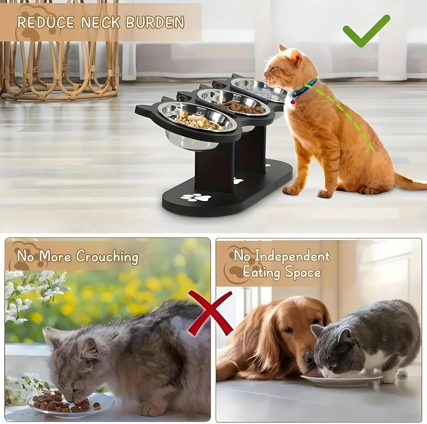 Raised Pet Bowls with Stand – Adjustable 15° Tilt Elevated Feeder, 3 Stainless Steel Bowls