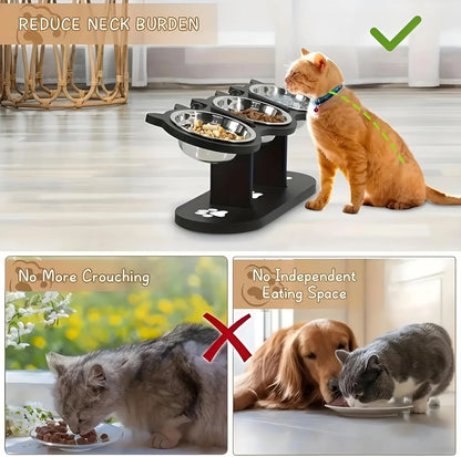 Raised Pet Bowls with Stand – Adjustable 15° Tilt Elevated Feeder, 3 Stainless Steel Bowls