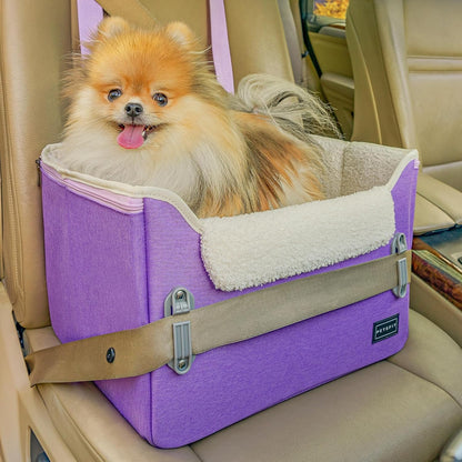 PETSFIT Small Dog Booster Car Seat with Safety Buckles & Tether, Foldable Purple Oxford Cloth
