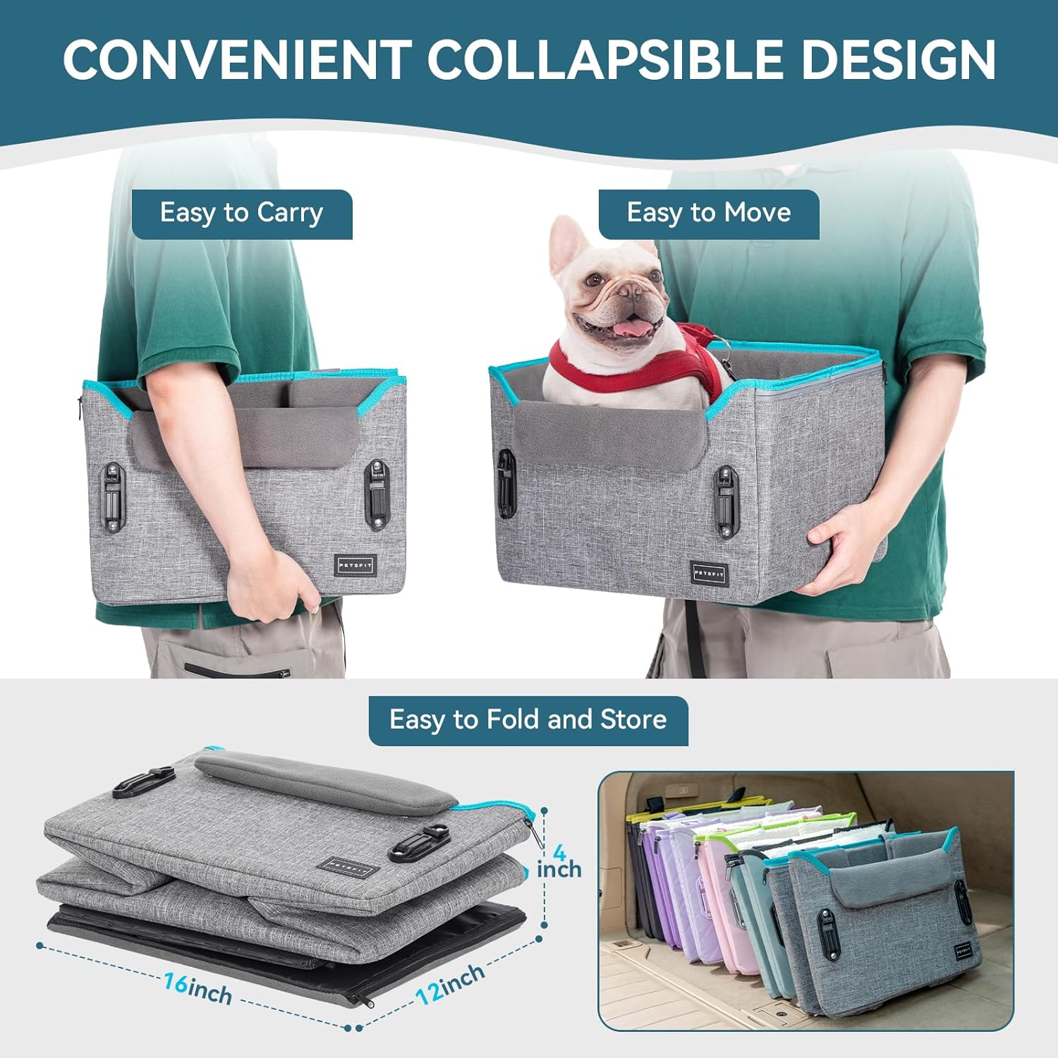 PETSFIT Small Dog Booster Car Seat with Safety Buckles & Tether, Foldable