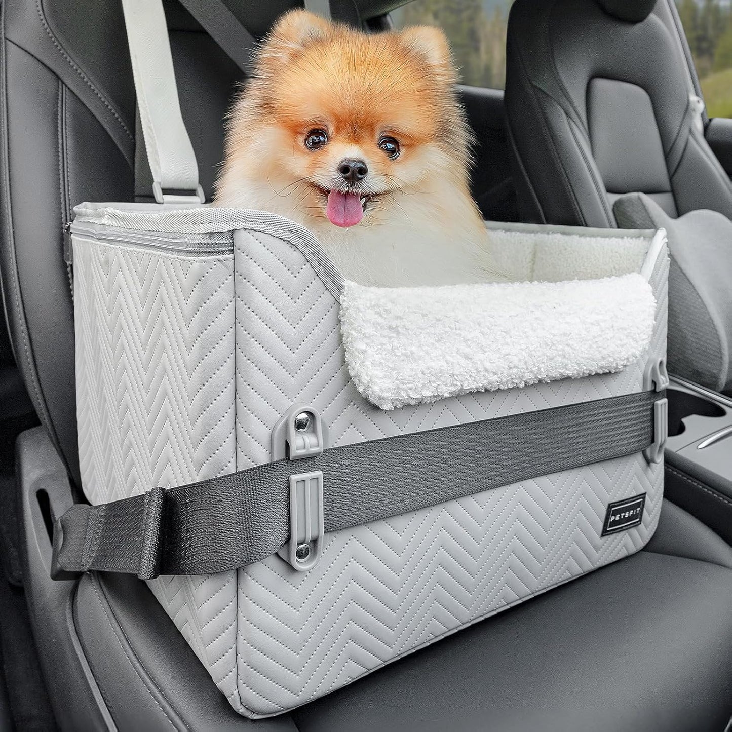 PETSFIT Small Dog Booster Car Seat with Safety Buckles & Tether, Foldable Cool Grey Faux Leather