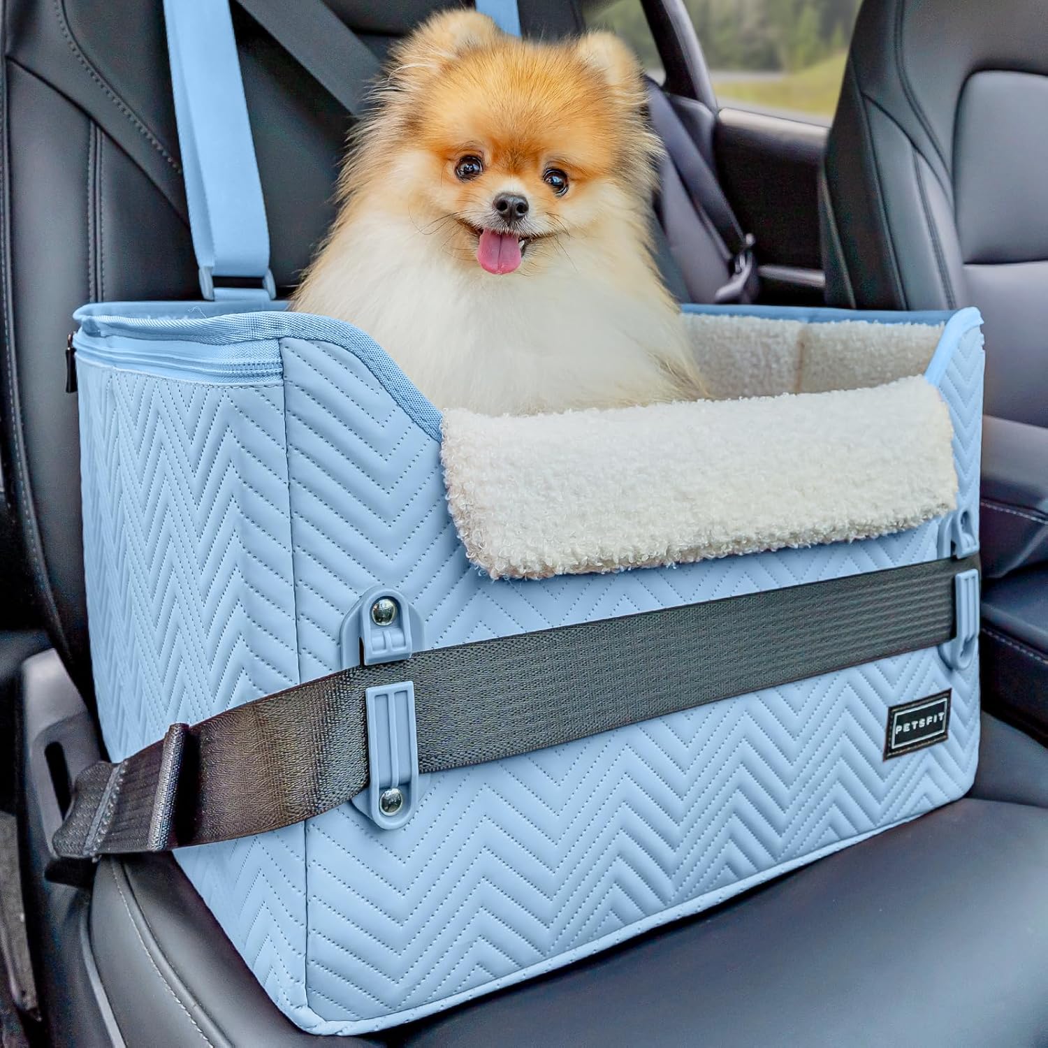PETSFIT Small Dog Booster Car Seat with Safety Buckles & Tether, Foldable Light Blue Faux Leather