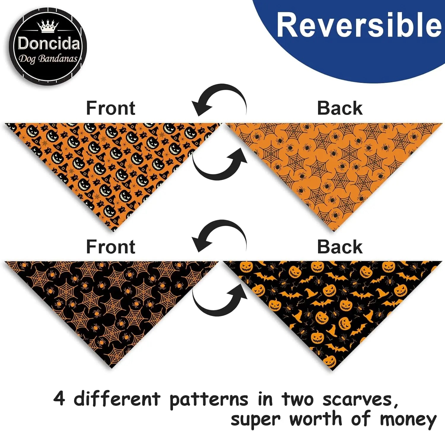 Halloween & Christmas Dog Bandanas 2-Pack – Reversible Holiday Themed Scarf XL