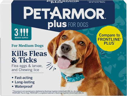 PetArmor Plus Flea & Tick Prevention for Dogs & Cats, 3 Doses, Waterproof 23-44 Lbs 3 Count