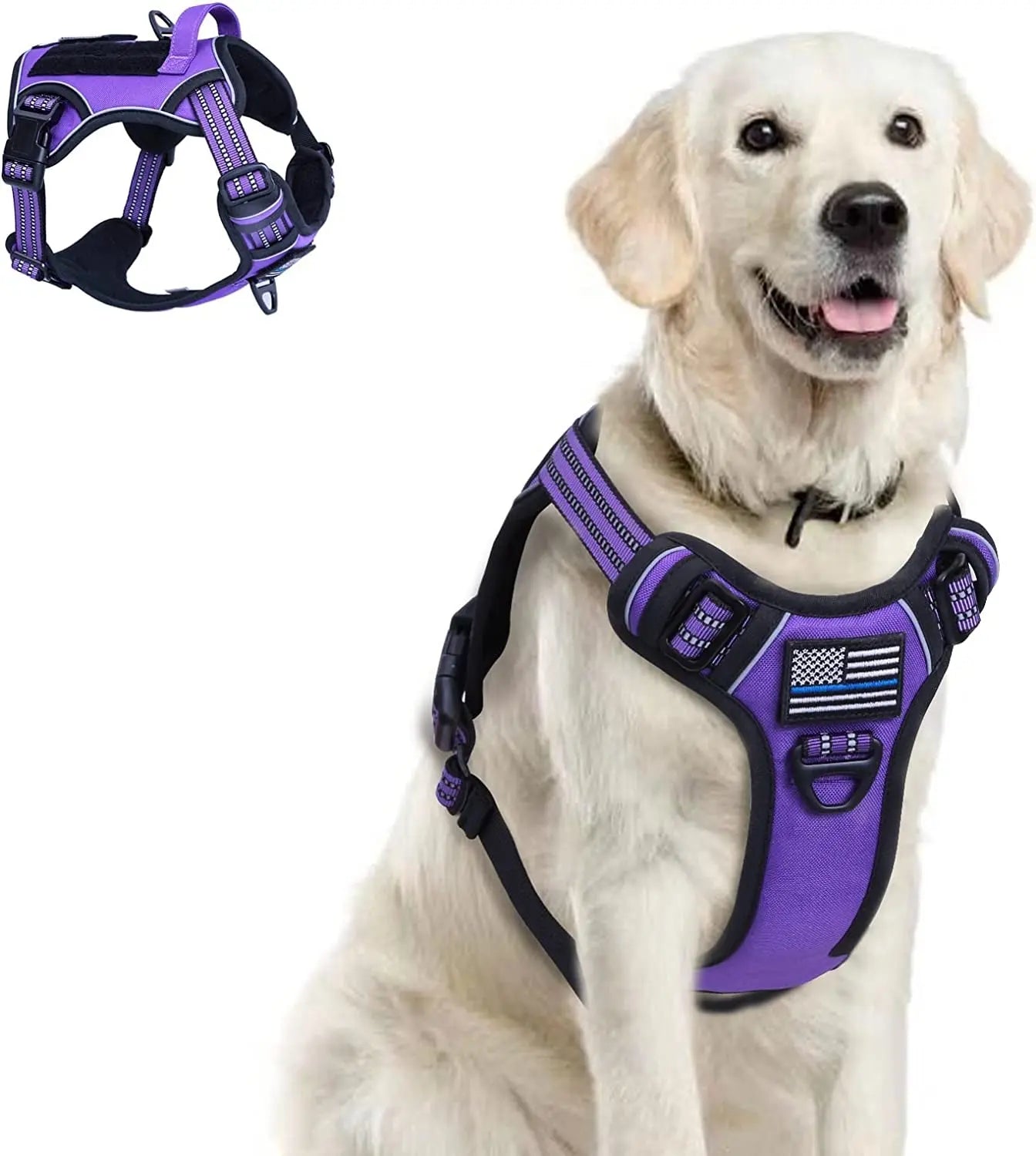 Tactical No Pull Dog Harness Large Dogs Adjustable Reflective Training Vest w/ Handle Purple Xl(Neck:22-31", Chest:23-42")