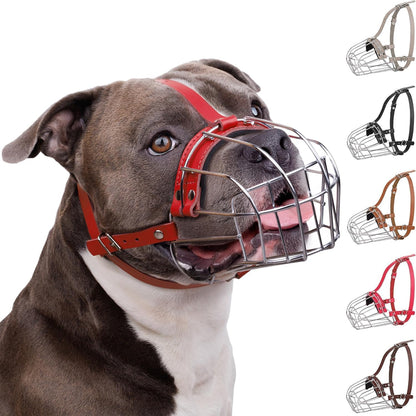 Breathable Metal Basket Dog Muzzle for Large Dogs with Leather Straps Leather, Red