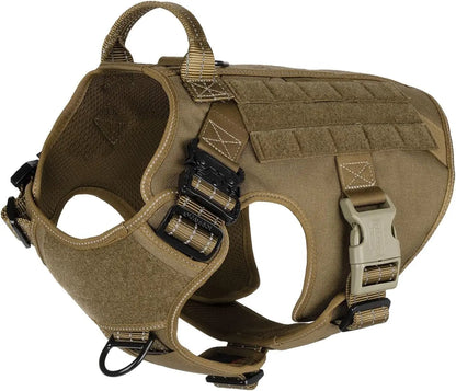 No-Pull Tactical Dog Harness with Handle – 2X Metal Buckles, Adjustable Vest with Hook & Loop Panels (All Sizes) Brown