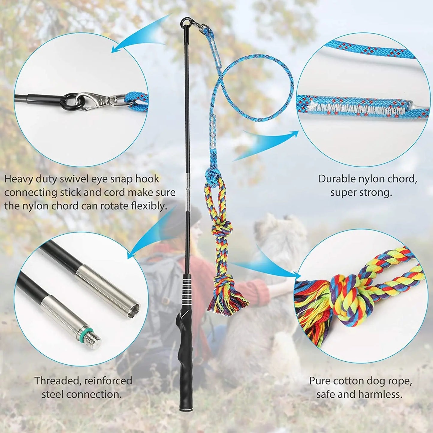 Flirt Pole Dog Toy Interactive Chase & Tug Training Wand for Small Medium Large Dogs