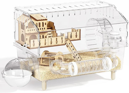 9-In-1 Acrylic Hamster Cage, Clear Dwarf Hamster Pet Cage with 360° View Transparent