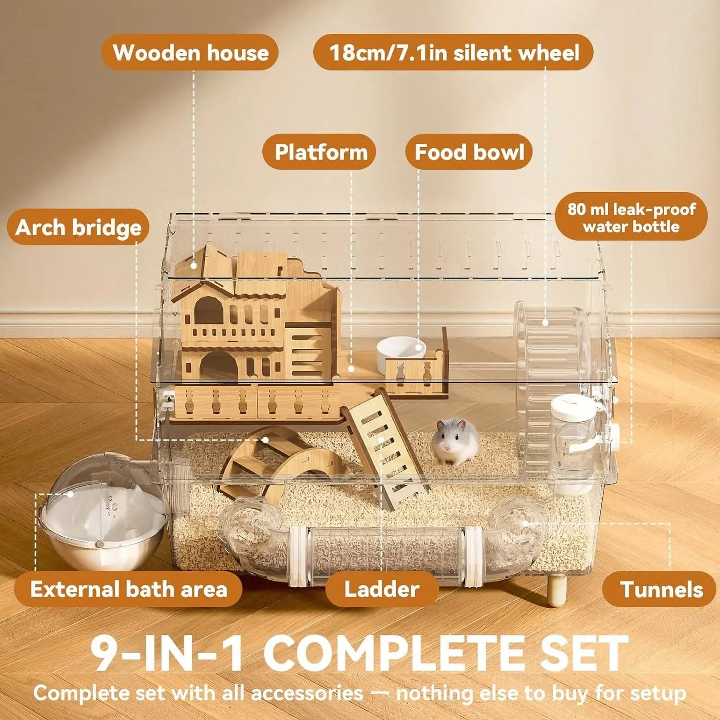 9-In-1 Acrylic Hamster Cage, Clear Dwarf Hamster Pet Cage with 360° View