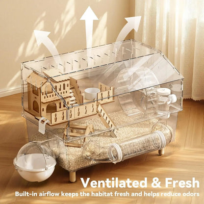 9-In-1 Acrylic Hamster Cage, Clear Dwarf Hamster Pet Cage with 360° View