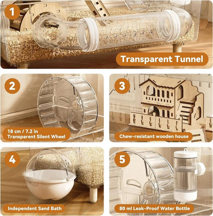 9-In-1 Acrylic Hamster Cage, Clear Dwarf Hamster Pet Cage with 360° View