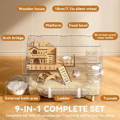 9-In-1 Acrylic Hamster Cage, Clear Dwarf Hamster Pet Cage with 360° View