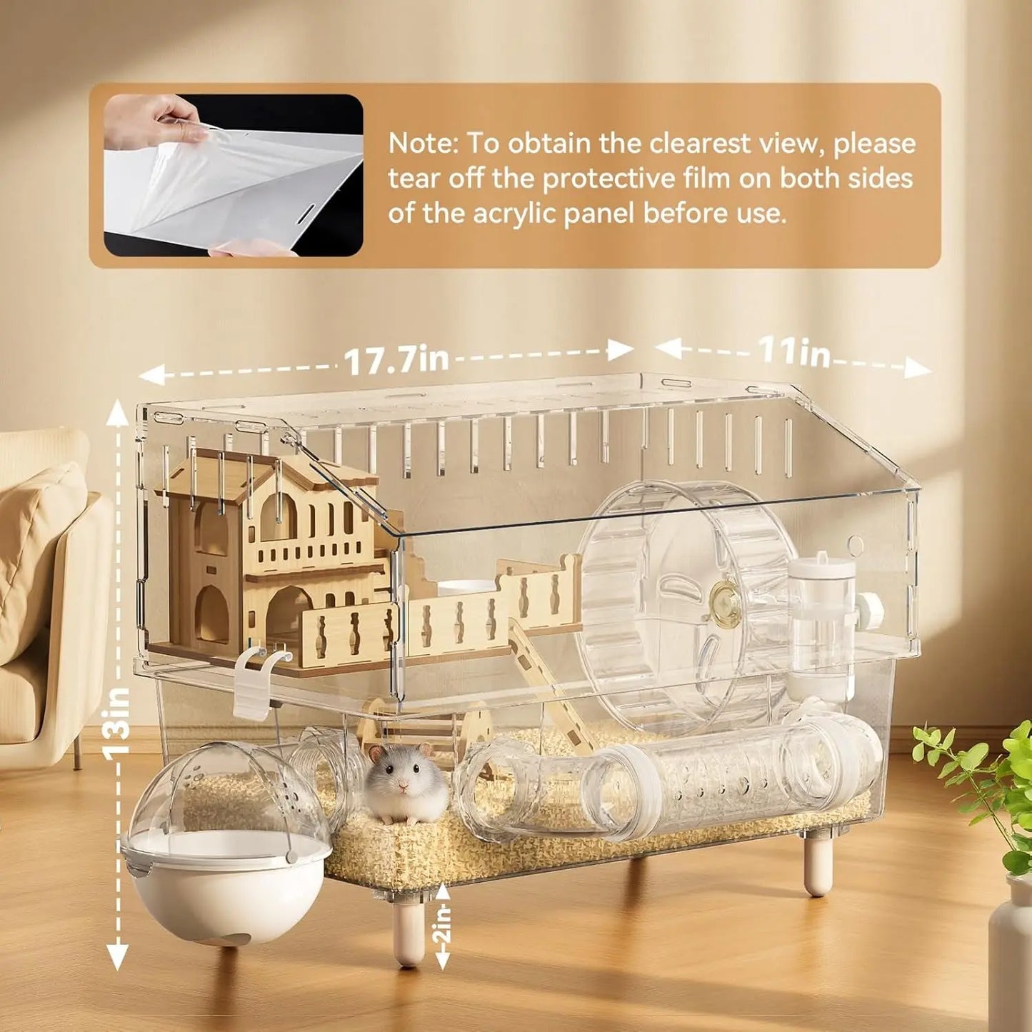 9-In-1 Acrylic Hamster Cage, Clear Dwarf Hamster Pet Cage with 360° View