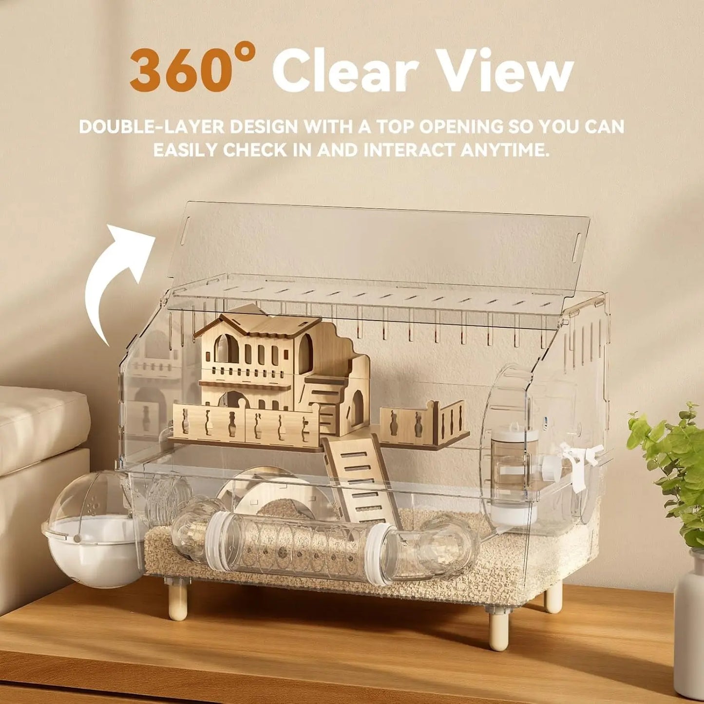 9-In-1 Acrylic Hamster Cage, Clear Dwarf Hamster Pet Cage with 360° View
