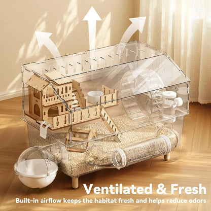 9-In-1 Acrylic Hamster Cage, Clear Dwarf Hamster Pet Cage with 360° View