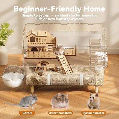 9-In-1 Acrylic Hamster Cage, Clear Dwarf Hamster Pet Cage with 360° View