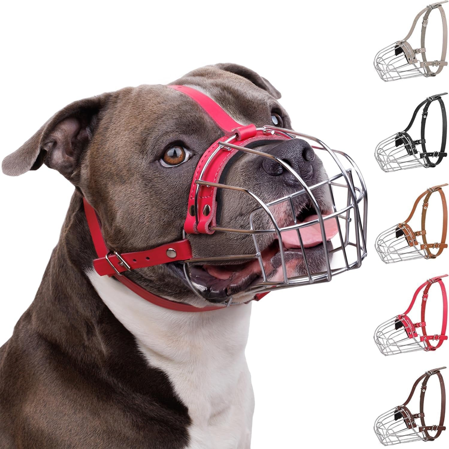 Breathable Metal Basket Dog Muzzle for Large Dogs with Leather Straps Leather, Pink
