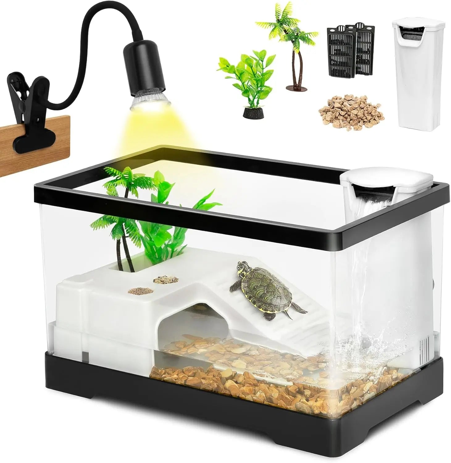 AZV Large Turtle Tank Kit | All-in-One Indoor Habitat w/ UVB Lamp Black S(11.8*7.3*7.1Inch)