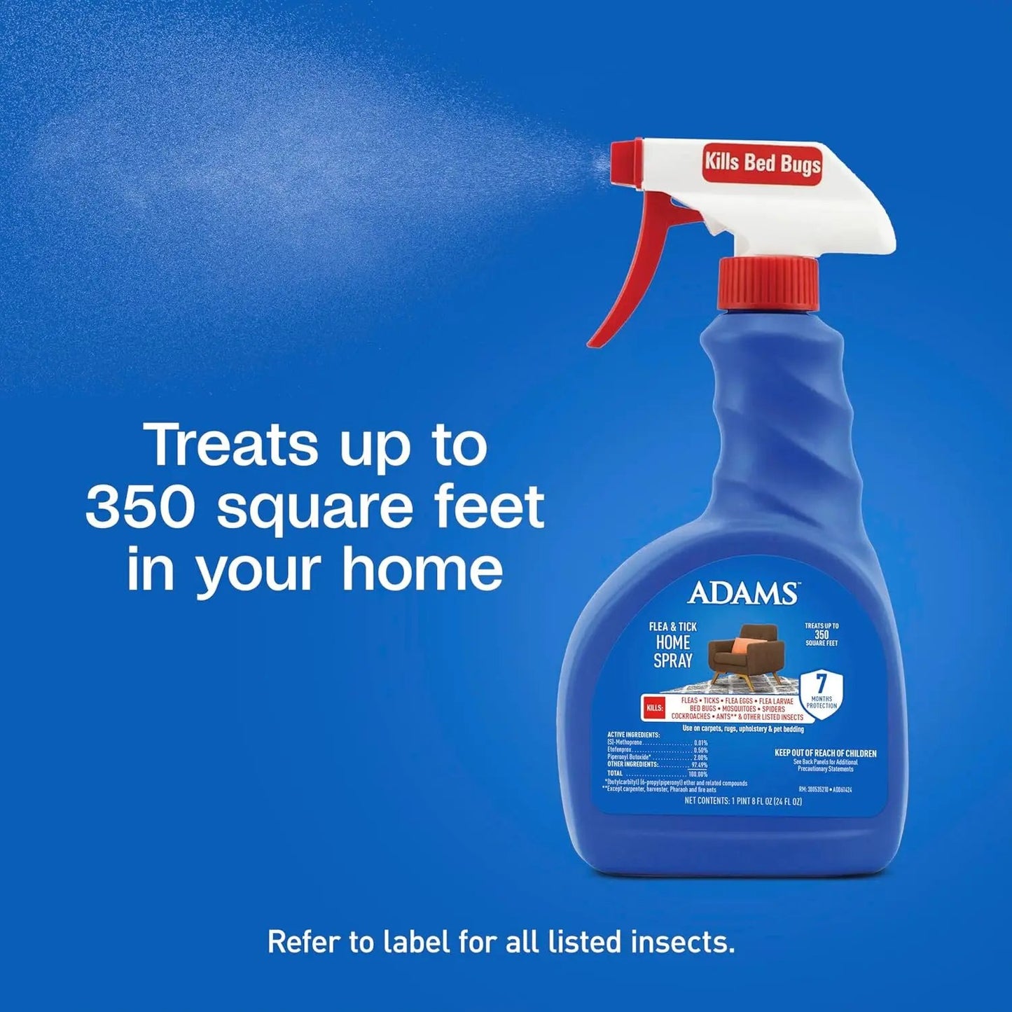 Adams Flea & Tick Home Spray – Kills Fleas, Eggs, Ticks, Bed Bugs & More, 24 oz