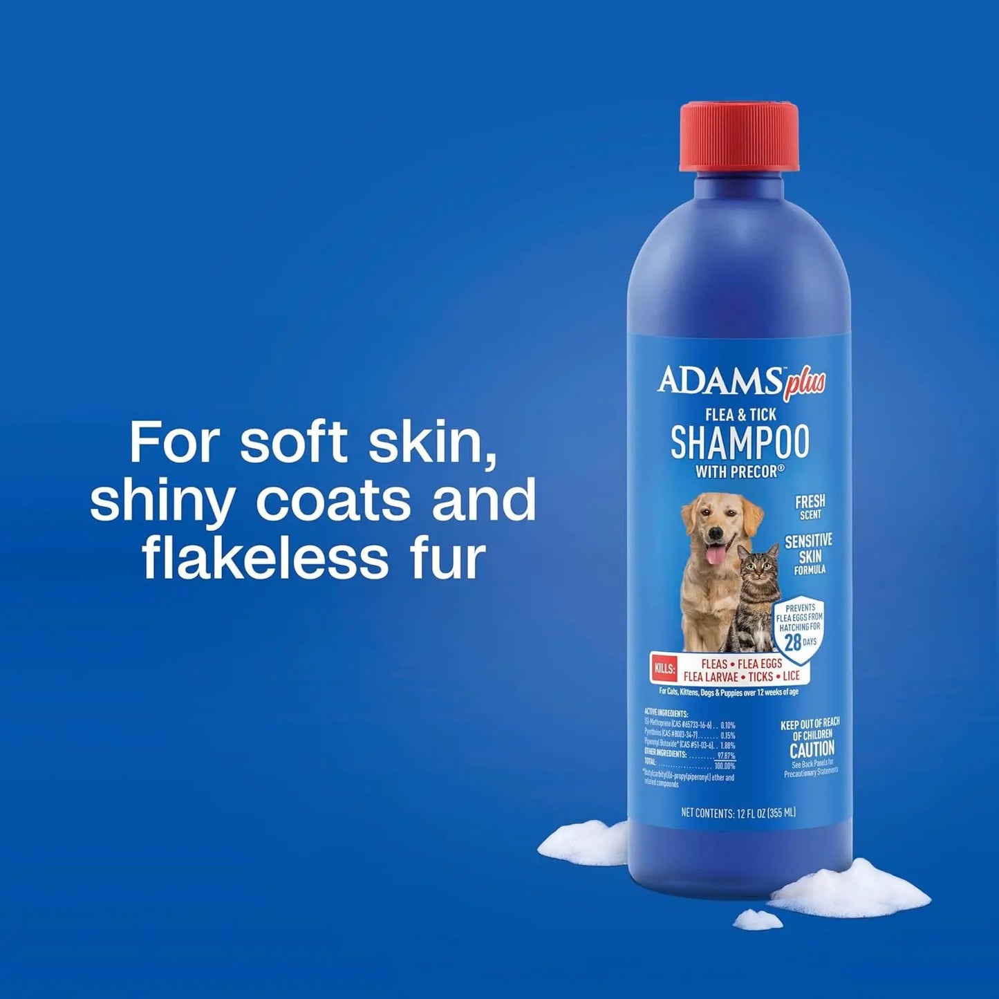 Adams Plus Flea & Tick Shampoo with Precor IGR – Kills Fleas, Ticks & Lice, 12 oz