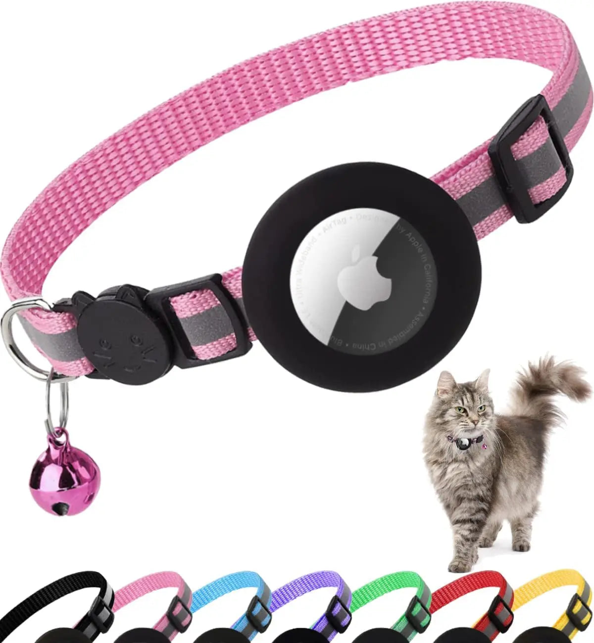 AirTag Cat Collar – Reflective Breakaway Kitten Collar w/ Holder & Bell Pink