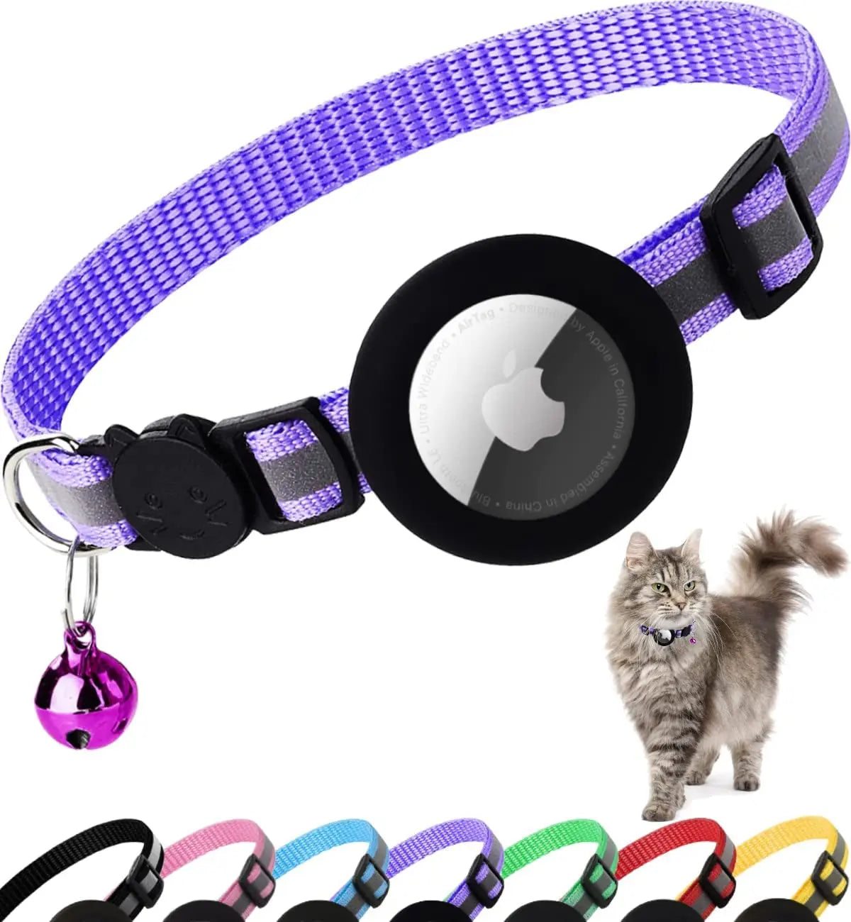 AirTag Cat Collar – Reflective Breakaway Kitten Collar w/ Holder & Bell Purple