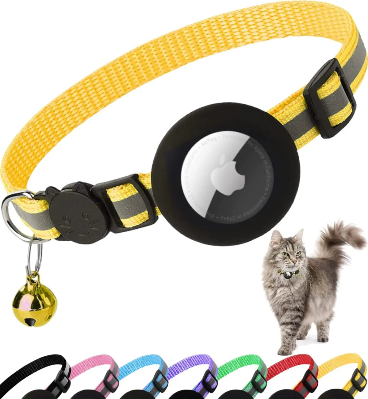 AirTag Cat Collar – Reflective Breakaway Kitten Collar w/ Holder & Bell Yellow