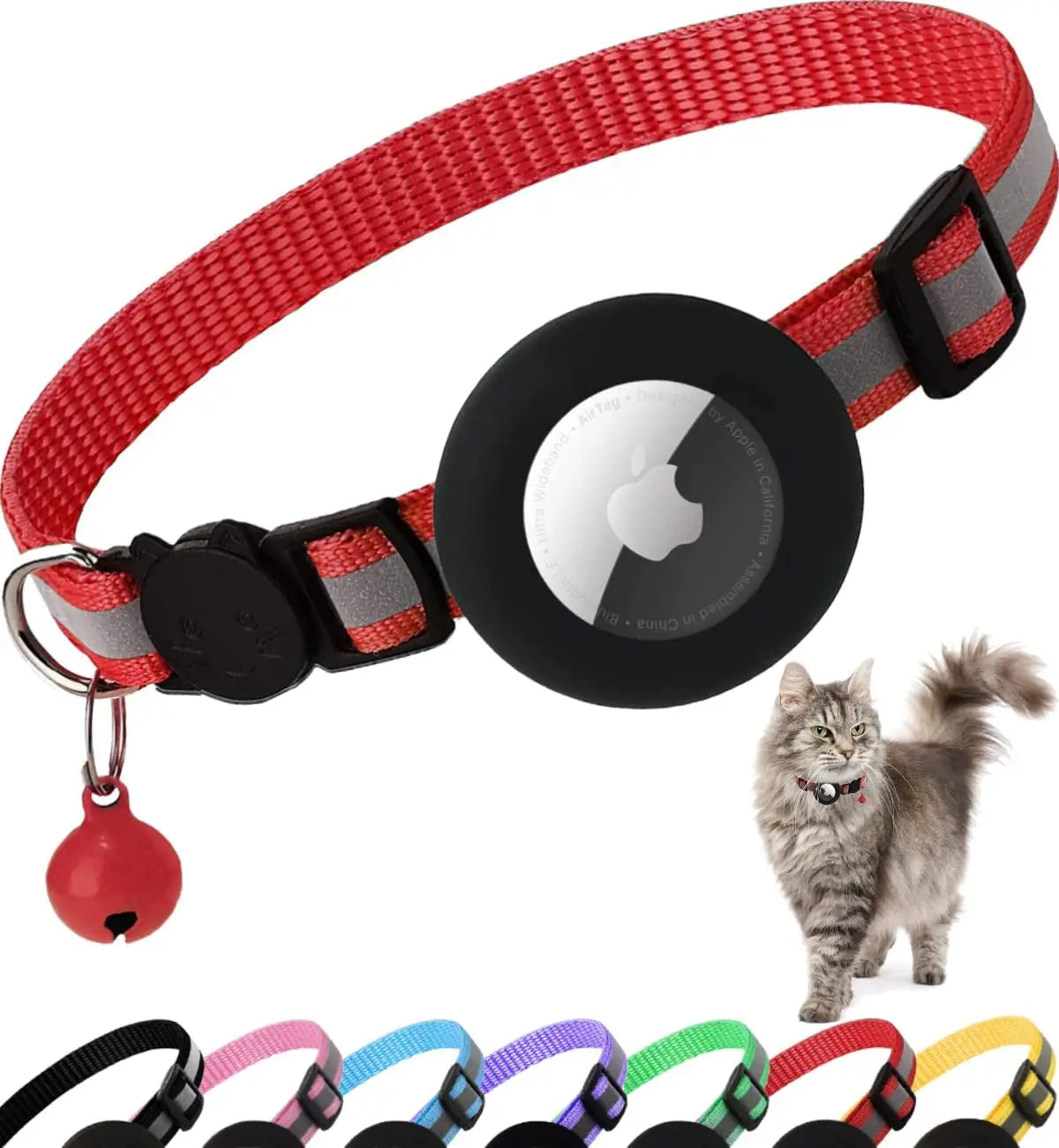 AirTag Cat Collar – Reflective Breakaway Kitten Collar w/ Holder & Bell Red