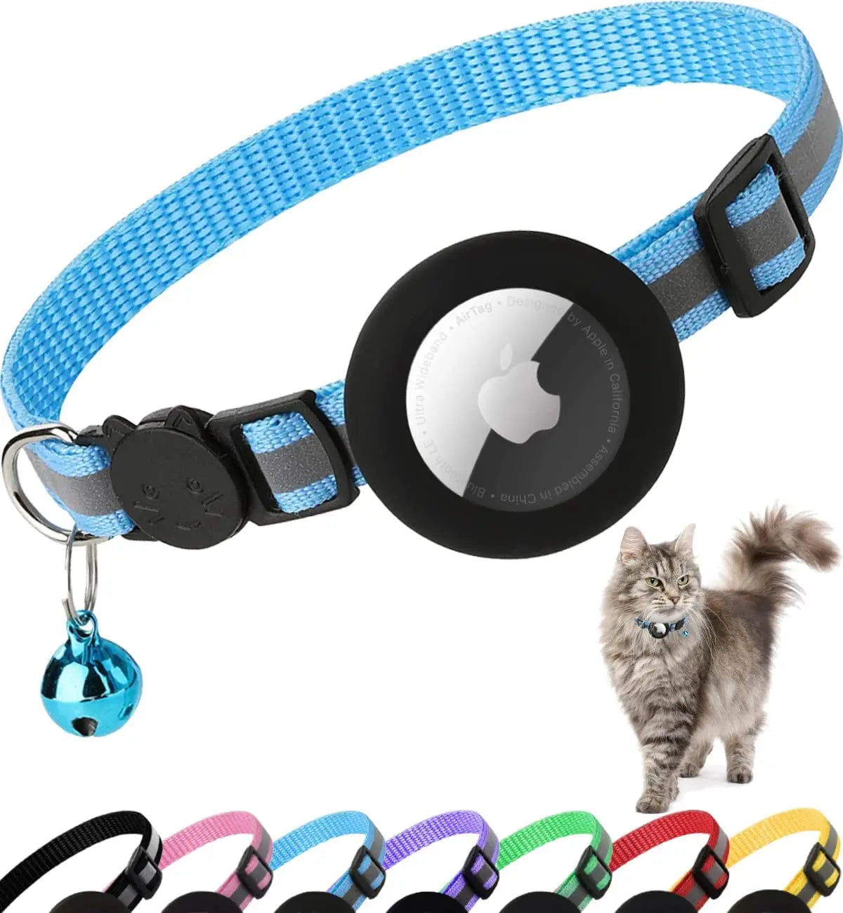 AirTag Cat Collar – Reflective Breakaway Kitten Collar w/ Holder & Bell Blue