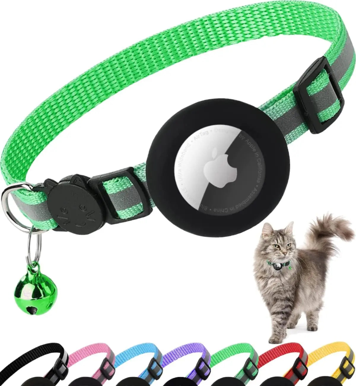 AirTag Cat Collar – Reflective Breakaway Kitten Collar w/ Holder & Bell Green